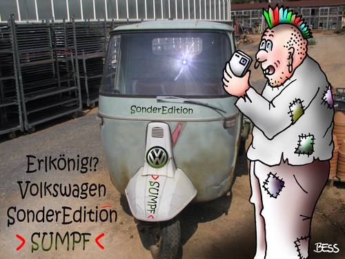 Cartoon: Erlkönig VW SonderEdition (medium) by besscartoon tagged erlkönig,sonderedition,sumpf,razia,manager,diesel,volkswagen,vw,usa,deutschland,europa,abgasmanipulation,manipulation,bess,besscartoon