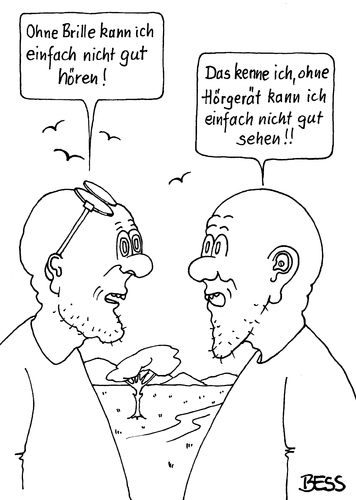 Cartoon: Ersatzteil-Probleme (medium) by besscartoon tagged besscartoon,bess,ersatzteile,alter,hörgerät,brille,hören,sehen,männer