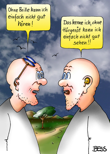 Cartoon: Ersatzteil-Probleme (medium) by besscartoon tagged männer,besscartoon,bess,ersatzteile,alter,hörgerät,brille,hören,sehen