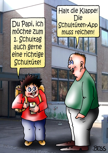 Cartoon: Erster Schultag (medium) by besscartoon tagged besscartoon,bess,app,schultüte,handy,technik,schultag,erster,schüler,pädagogik,schule