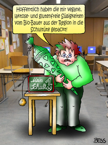 Cartoon: Erster Schultag (medium) by besscartoon tagged schule,pädagogik,schüler,süssigkeiten,laktosefrei,glutenfrei,vegan,biobauer,bio,region,erster,schultag,essen,schultüte,bess,besscartoon