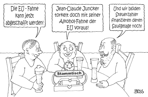 Cartoon: EU Alkoholiker (medium) by besscartoon tagged politik,eu,europa,jean,claude,juncker,saufen,alkohol,fahne,alkoholfahne,drogen,steuerzahler,geld,euro,stammtisch,saufgelage,bess,besscartoon