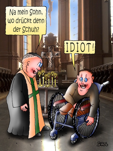 Cartoon: Feingefühl (medium) by besscartoon tagged pfarrer,schuh,amputiert,christentum,religion,kirche,katholisch,evangelisch,jesus,kreuz,inri,idiot,bess,besscartoon