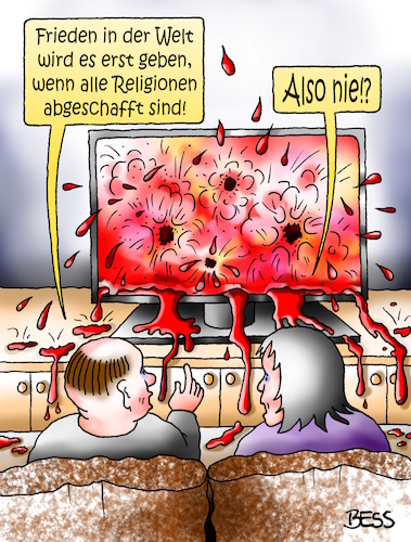 Cartoon: Fernsehabend (medium) by besscartoon tagged frieden,religionen,welt,blut,blutvergießen,krieg,gewalt,terrorismus,tv,fernsehen,weltfrieden,christentum,islam,hinduismus,judentum,buddhismus,bess,besscartoon