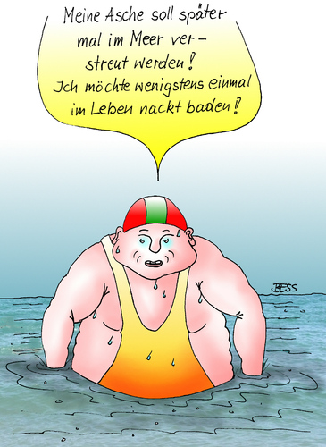 Cartoon: fette Wünsche (medium) by besscartoon tagged mann,meer,asche,tod,sterben,beerdigung,bestattung,seebestattung,schwimmen,fett,dick,bess,besscartoon