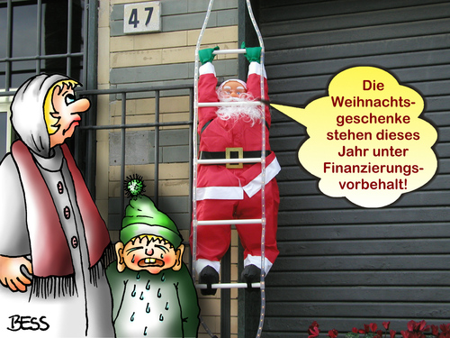 Cartoon: Finanzierungsvorbehalt (medium) by besscartoon tagged weihnachten,weihnachtsmann,christentum,fest,religion,kind,frau,geschenke,schenken,advent,armut,finanzierungsvorbehalt,bess,besscartoon