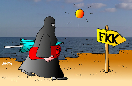 Cartoon: FKK (medium) by besscartoon tagged besscartoon,bess,religion,sonne,sonnen,meer,fkk,burka,islam