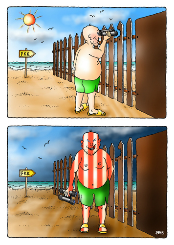 Cartoon: FKK (medium) by besscartoon tagged fkk,strand,meer,sonne,sonnenbrand,neugier,fernglas,beobachten,sexualität,voyuer,bess,besscartoon