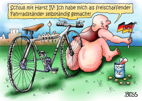 Cartoon: freischaffend (medium) by besscartoon tagged fahrrad,fahrradständer,mann,hartz4,selbständig,armut,fett,nackt,bess,besscartoon