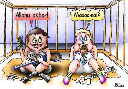 Cartoon: früh übt sich (medium) by besscartoon tagged kinder,religion,islam,is,allahu,akbar,spiel,laufstall,migration,integration,christentum,gewalt,deutschland,bess,besscartoon