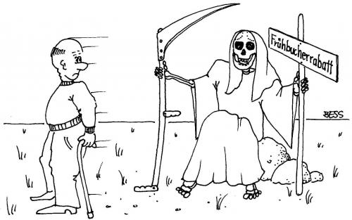 Cartoon: Frühbucherrabatt (medium) by besscartoon tagged besscartoon,rabatt,männer,sterben,tod,bess