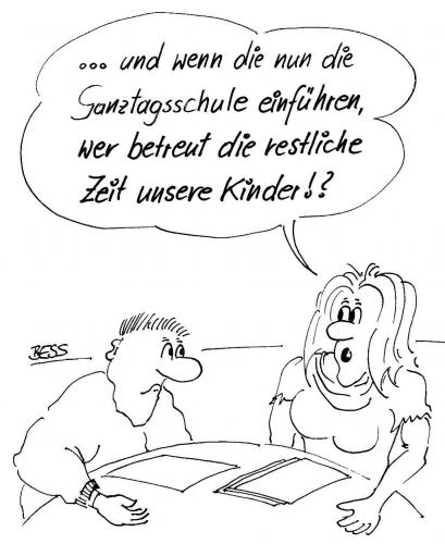 Cartoon: Ganztagsschule (medium) by besscartoon tagged ganztagsschule,schule,erziehung,familie,frau,mann,betreuung,pädagogik,lehrer,schüler,bess,besscartoon