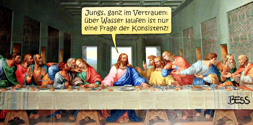 Cartoon: Geheimnis gelüftet (medium) by besscartoon tagged religion,jesus,christentum,kirche,katholisch,evangelisch,über,wasser,laufen,jünger,letztes,konsistenz,abendmahl,bess,besscartoon