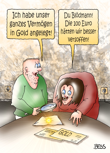 Cartoon: Geldanlage (medium) by besscartoon tagged geld,euro,finanzen,gold,geldanlage,inflation,vermögen,arm,reich,armut,paar,ehe,beziehung,saufen,alkohol,bess,besscartoon