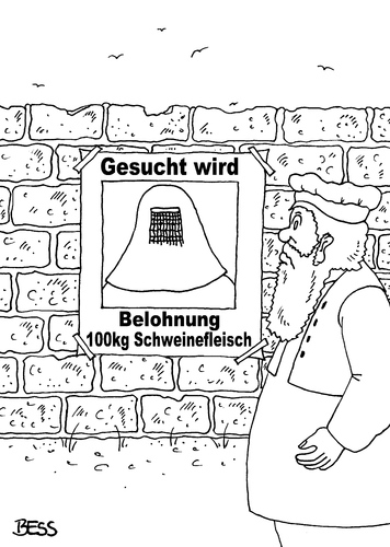 Cartoon: Gesucht wird (medium) by besscartoon tagged religion,islam,burka,gesucht,wird,belohnung,schweinefleisch,bess,besscartoon