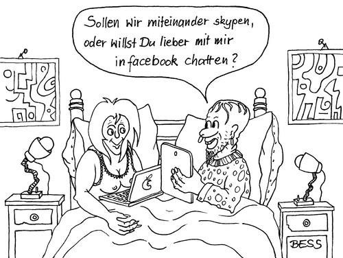 Cartoon: Gewissensentscheidung (medium) by besscartoon tagged ehe,beziehung,paar,bett,laptop,computer,technik,chatten,skype,facebook,besscartoon,bess,erotik