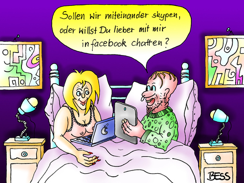 Cartoon: Gewissensentscheidung (medium) by besscartoon tagged ehe,beziehung,paar,bett,laptop,computer,technik,chatten,skype,facebook,besscartoon,bess,erotik