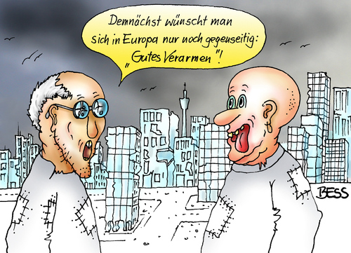 Cartoon: Gutes Verarmen (medium) by besscartoon tagged eu,armut,krise,verarmen,gruß,schulden,eurokrise,irland,portugal,spanien,italien,zypern,geld,griechenland,europa,bess,besscartoon