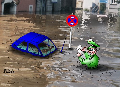 Cartoon: Halteverbot (medium) by besscartoon tagged auto,automobil,hochwasser,überschwemmung,polizei,polizist,ticket,halteverbot,abzocke,straßenverkehr,parken,bess,besscartoon,euro,geld,strafzettel,verkehrssünderkartei,wasser,flensburg,verkehrssünder