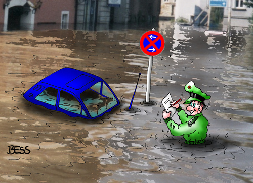 Cartoon: Halteverbot (medium) by besscartoon tagged auto,automobil,hochwasser,überschwemmung,polizei,polizist,ticket,halteverbot,abzocke,straßenverkehr,parken,bess,besscartoon,euro,geld,strafzettel,verkehrssünderkartei,wasser,flensburg,verkehrssünder