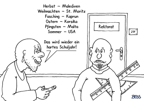 Cartoon: hartes Schuljahr (medium) by besscartoon tagged schuldienst,schuljahr,schule,ferien,herbst,weihnachten,fasching,pfingsten,sommer,pädagogik,gymnasium,hauptschule,realschule,werkrealschule,lernen,urlaub,lehrer,schulmeister,rektorat,pauker,bess,besscartoon