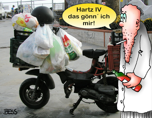 Cartoon: Hartz IV - das gönn ich mir (medium) by besscartoon tagged hartz,hartz4,arbeit,arbeitslos,arge,job,jobcenter,alkohol,saufen,kaufen,trinken,roller,genuss,bess,besscartoon
