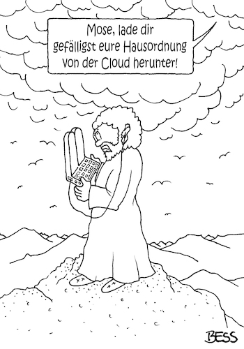 Cartoon: Hausordnung (medium) by besscartoon tagged religion,israeliten,at,judentum,mose,zehn,gebote,computer,digitalisierung,hausordnung,cloud,herunterladen,christentum,kirche,katholisch,evangelisch,bess,besscartoon