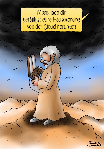 Cartoon: Hausordnung (medium) by besscartoon tagged religion,israeliten,at,judentum,mose,zehn,gebote,computer,digitalisierung,hausordnung,cloud,herunterladen,christentum,kirche,katholisch,evangelisch,bess,besscartoon