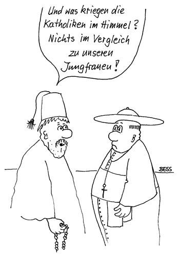 Cartoon: Himmlische Vorstellungen (medium) by besscartoon tagged religion,kirche,katholisch,islam,pfarrer,himmel,jungfrauen,bess,besscartoon