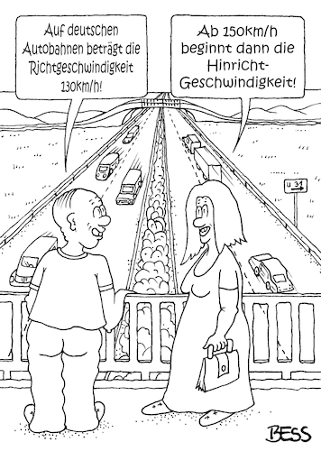 Cartoon: Hinrichtgeschwindigkeit (medium) by besscartoon tagged mann,frau,paar,verkehr,mobilität,richtgeschwindigkeit,hinrichtgeschwindigkeit,brd,deutschland,auto,autobahn,bess,besscartoon