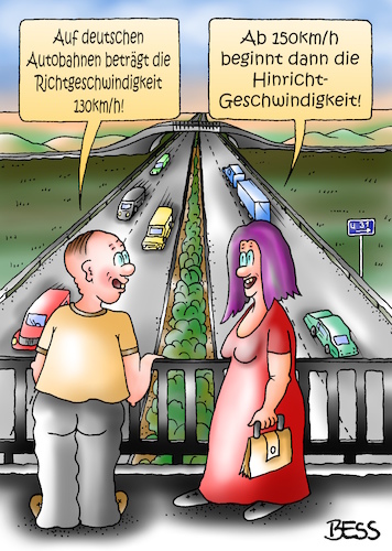 Cartoon: Hinrichtgeschwindigkeit (medium) by besscartoon tagged mann,frau,paar,verkehr,mobilität,richtgeschwindigkeit,hinrichtgeschwindigkeit,brd,deutschland,auto,autobahn,bess,besscartoon