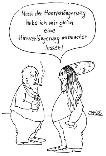 Cartoon: Hirnverlängerung (medium) by besscartoon tagged besscartoon,bess,hirn,schönheitsoperation,schönheit,intelligenz,gehirn,haarverlängerung,haare