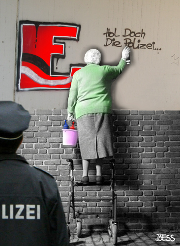 Cartoon: Hol doch die Polizei (medium) by besscartoon tagged alt,alter,frau,polizei,sprühen,rollator,bess,besscartoon