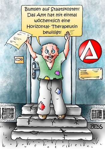 Cartoon: Horizontal-Therapeutin (medium) by besscartoon tagged mann,hartz,hartz4,amt,arbeitsagentur,staatskosten,bumsen,arbeitsamt,arge,puff,prostitution,horizontal,therapeutin,bess,besscartoon