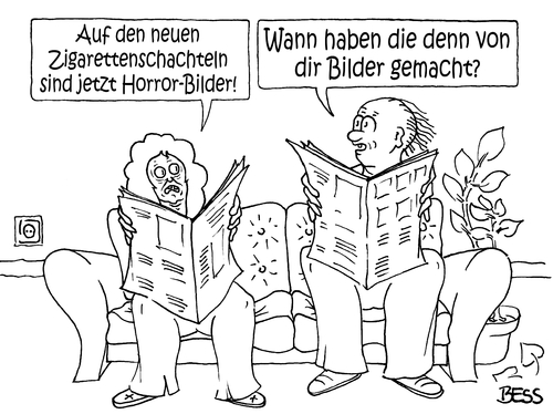 Cartoon: Horrorbilder (medium) by besscartoon tagged mann,frau,paar,ehe,horrorbilder,gesundheit,schockbilder,tabaktabakrichtlinie,deutschland,eu,zigaretten,rauchen,bess,besscartoon