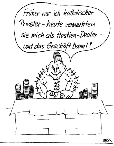 Cartoon: Hostiendealer (medium) by besscartoon tagged kirche,religion,katholisch,pfarrer,hostien,geschäft,bess,besscartoon