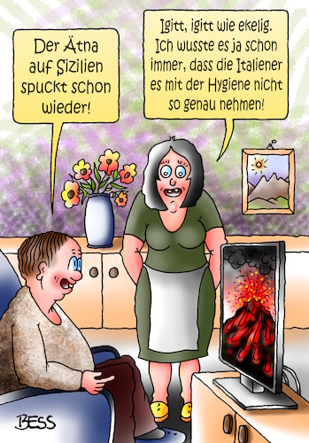 Cartoon: Igitt (medium) by besscartoon tagged spucken,hygiene,vulkanausbruch,ausbruch,italien,ätna,sizilien,vulkan,ekelig,bess,besscartoon