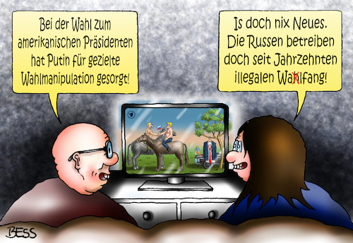 Cartoon: illegaler Wahlfang (medium) by besscartoon tagged amerika,wahlmanipulation,illegal,walfang,russland,präsident,putin,verdacht,hackerangriff,wahl,usa,hacker,internet,daten,informationen,einfluss,donald,trump,schaden,hillary,politik,clinton,marian,kamensky,bess,besscartoon