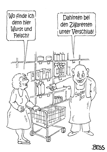 Cartoon: im Supermarkt (medium) by besscartoon tagged warnhinweise,supermarkt,einkaufen,wurst,fleisch,krebserregend,fleischkonsum,krebs,fleischessen,gesundheit,ernährung,rauchen,zigaretten,bess,besscartoon