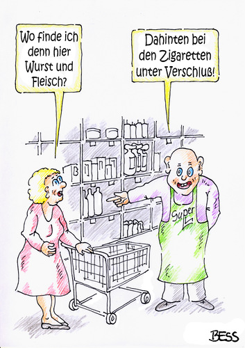 Cartoon: im Supermarkt (medium) by besscartoon tagged warnhinweise,supermarkt,einkaufen,wurst,fleisch,krebserregend,fleischkonsum,krebs,fleischessen,gesundheit,ernährung,rauchen,zigaretten,bess,besscartoon