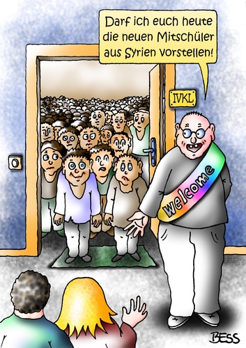 Cartoon: Int. Vorbereitungsklasse (medium) by besscartoon tagged syrien,flüchtlinge,welcome,drama,schule,vkl,ivkl,pädagogik,lehrer,pauker,lernen,grundschule,hauptschule,realschule,werkrealschule,schüler,gemeinschaftsschule,gymnasium,bess,besscartoon