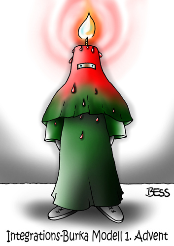 Cartoon: Integrations-Burka (medium) by besscartoon tagged advent,weihnachten,frau,burka,islam,integration,asyl,flüchtlinge,religion,toleranz,bess,besscartoon