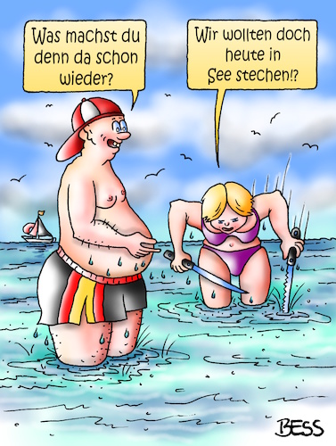 Cartoon: Intelligenzbolzen (medium) by besscartoon tagged mann,frau,paar,beziehung,ehe,meer,seefahrt,wasser,in,see,stechen,sommer,sonne,urlaub,ferien,messer,bess,besscartoon