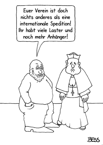 Cartoon: Internationale Spedition (medium) by besscartoon tagged kirche,religion,pfarrer,kardinal,verein,petersplatz,katholisch,internationale,spedition,vatikan,laster,anhänger,bess,besscartoon