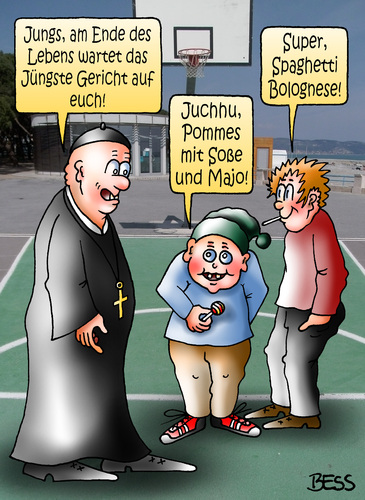 Cartoon: Jüngstes Gericht (medium) by besscartoon tagged besscartoon,bess,majo,jünstes,religion,priester,pfarrer,gericht,kirche,frites,pommes,katholisch,soße,bolognese,spaghetti