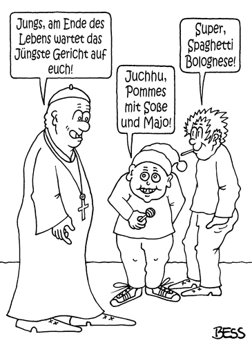 Cartoon: Jüngstes Gericht (medium) by besscartoon tagged besscartoon,bess,majo,soße,bolognese,spaghetti,kirche,frites,pommes,katholisch,priester,pfarrer,gericht,jünstes,religion