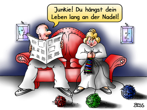 Cartoon: Junkie (medium) by besscartoon tagged junkie,mann,frau,paar,beziehung,nadel,ehe,stricken,mode,bess,besscartoon