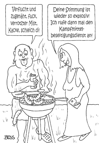 Cartoon: Kampfmittelbeseitigungsdienst (medium) by besscartoon tagged mann,frau,paar,beziehung,grillen,fuck,verflucht,und,zugenäht,verrotzter,mist,kacke,schleich,di,urlaub,camping,sommer,freizeit,ferien,explosiv,stimmung,kampfmittelbeseitigungsdienst,bess,besscartoon