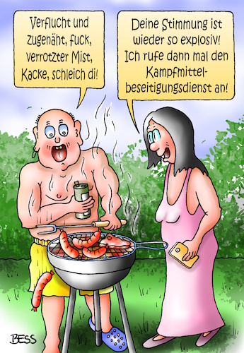 Cartoon: Kampfmittelbeseitigungsdienst (medium) by besscartoon tagged mann,frau,paar,beziehung,grillen,fuck,verflucht,und,zugenäht,verrotzter,mist,kacke,schleich,di,urlaub,camping,sommer,freizeit,ferien,explosiv,stimmung,kampfmittelbeseitigungsdienst,bess,besscartoon