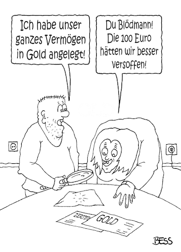 Cartoon: Geldanlage (medium) by besscartoon tagged geld,euro,finanzen,gold,geldanlage,inflation,vermögen,arm,reich,armut,paar,ehe,beziehung,saufen,alkohol,bess,besscartoon